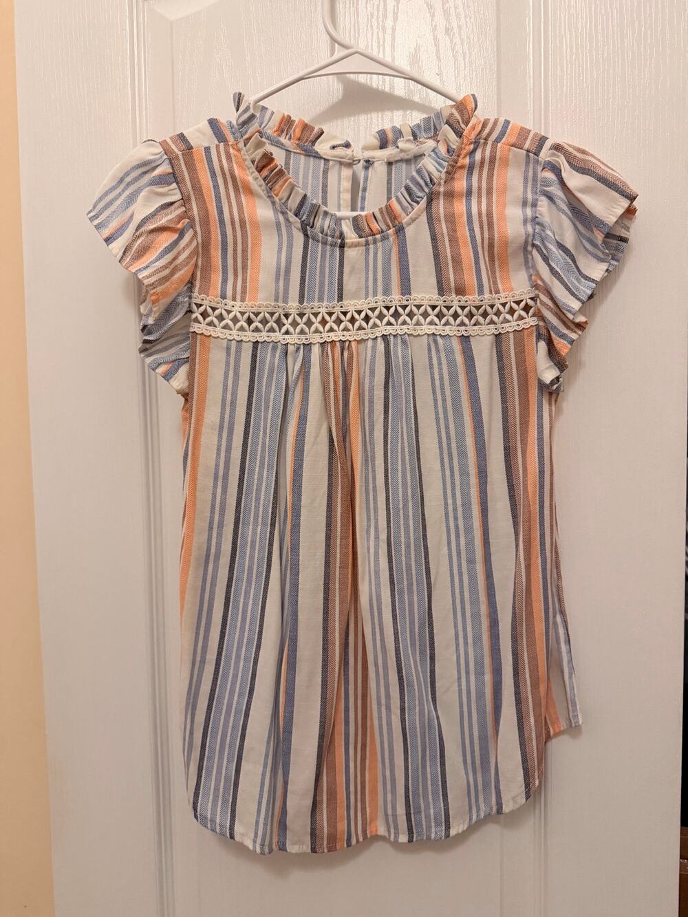 MINE Striped Flutter Sleeve Crochet Lace Blouse Size S